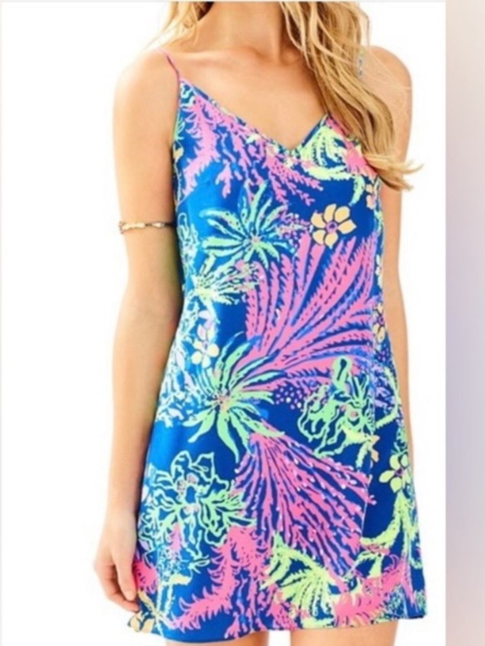 Lilly Pulitzer Blue Slip Dress with Pink & Neon Green Print
